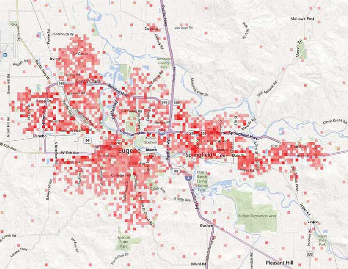 Spatial patterns reveal that Lane County's Latinos are dispersed throughout Eugene and Springfield